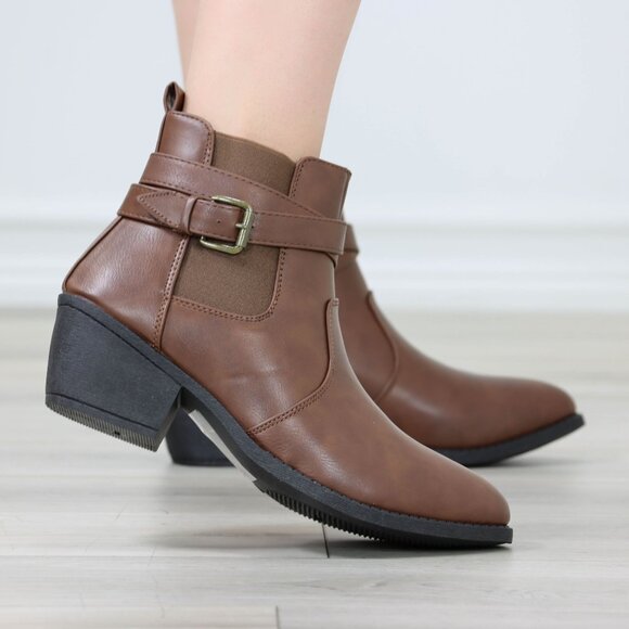 Womens Ankle Boots Low Block Heel Brown Synthetic Leather Pointed Toe Buckles - Picture 1 of 14